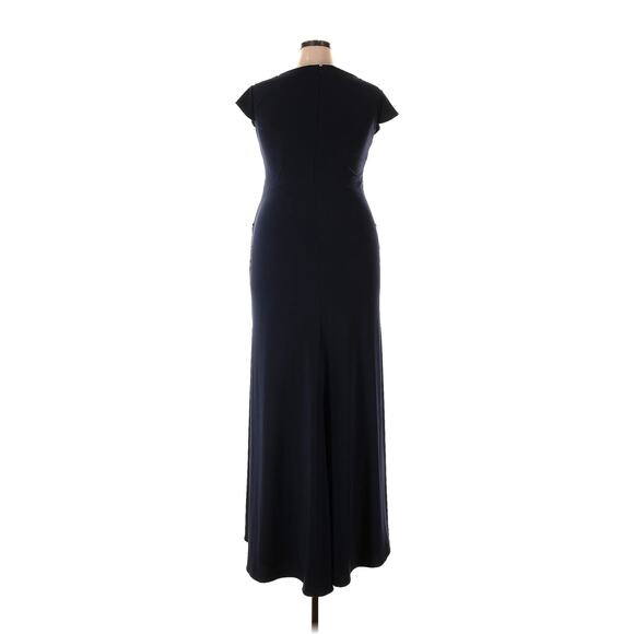 Mac Duggal Ieena Gown Dress Maxi Navy Blue Slit V Neck Sleeves Ruched Stretch - Picture 4 of 11